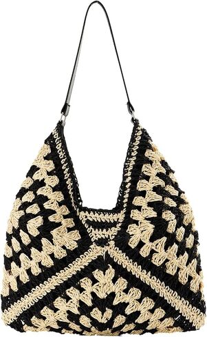 حقائب هوبو من القش للنساء، كل شيء، حقيبة كتف منسوجة، حقيبة يد صيفية للشاطئ، باللون الأسود in Kuwait