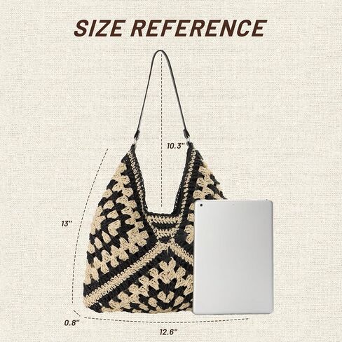 حقائب هوبو من القش للنساء، كل شيء، حقيبة كتف منسوجة، حقيبة يد صيفية للشاطئ، باللون الأسود in Kuwait