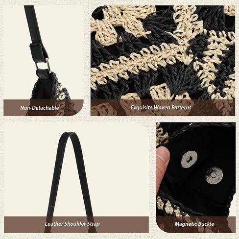 حقائب هوبو من القش للنساء، كل شيء، حقيبة كتف منسوجة، حقيبة يد صيفية للشاطئ، باللون الأسود in Kuwait