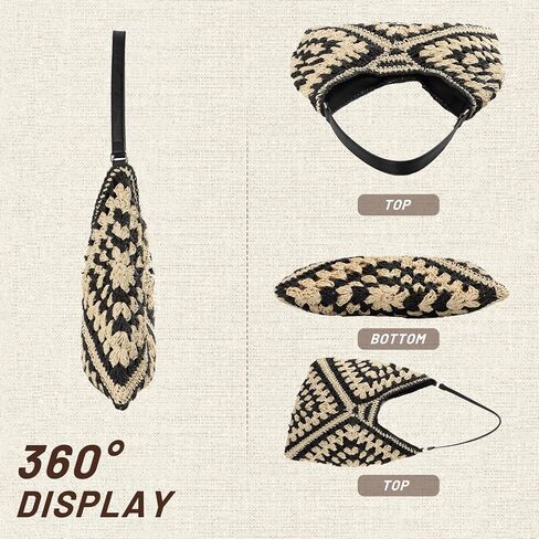 حقائب هوبو من القش للنساء، كل شيء، حقيبة كتف منسوجة، حقيبة يد صيفية للشاطئ، باللون الأسود in Kuwait