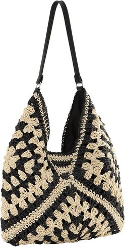 حقائب هوبو من القش للنساء، كل شيء، حقيبة كتف منسوجة، حقيبة يد صيفية للشاطئ، باللون الأسود in Kuwait