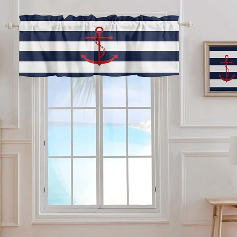 Nautical Valance Curtain for Window, Red Anchor Rod Pocket Kitchen Valances Navy Blue White Stripe Short Curtain Panel Windows Treatment Drapes for Bathroom/Bedroom/Living Room in Saudi Arabia