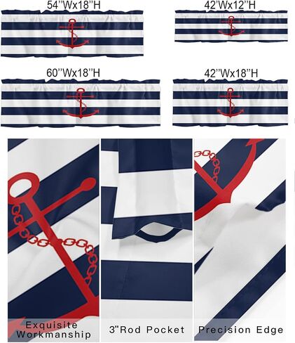 Nautical Valance Curtain for Window, Red Anchor Rod Pocket Kitchen Valances Navy Blue White Stripe Short Curtain Panel Windows Treatment Drapes for Bathroom/Bedroom/Living Room in Saudi Arabia