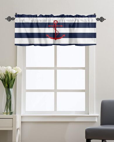Nautical Valance Curtain for Window, Red Anchor Rod Pocket Kitchen Valances Navy Blue White Stripe Short Curtain Panel Windows Treatment Drapes for Bathroom/Bedroom/Living Room in Saudi Arabia