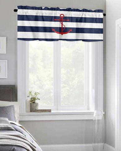 Nautical Valance Curtain for Window, Red Anchor Rod Pocket Kitchen Valances Navy Blue White Stripe Short Curtain Panel Windows Treatment Drapes for Bathroom/Bedroom/Living Room in Saudi Arabia