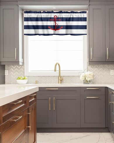 Nautical Valance Curtain for Window, Red Anchor Rod Pocket Kitchen Valances Navy Blue White Stripe Short Curtain Panel Windows Treatment Drapes for Bathroom/Bedroom/Living Room in Saudi Arabia