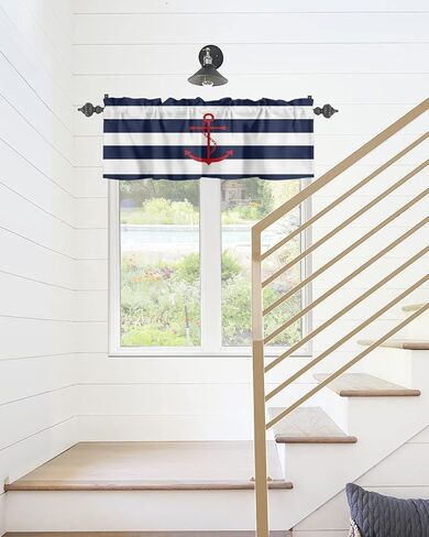 Nautical Valance Curtain for Window, Red Anchor Rod Pocket Kitchen Valances Navy Blue White Stripe Short Curtain Panel Windows Treatment Drapes for Bathroom/Bedroom/Living Room in Saudi Arabia