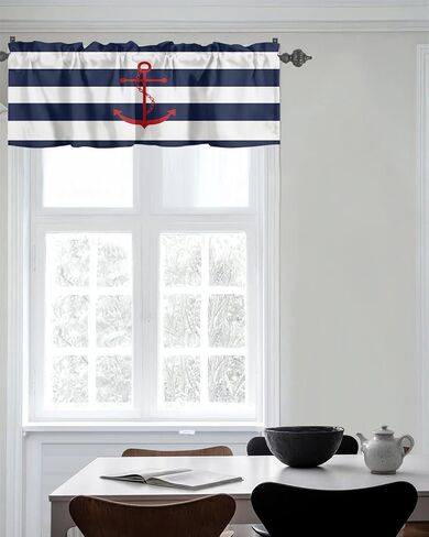 Nautical Valance Curtain for Window, Red Anchor Rod Pocket Kitchen Valances Navy Blue White Stripe Short Curtain Panel Windows Treatment Drapes for Bathroom/Bedroom/Living Room in Saudi Arabia