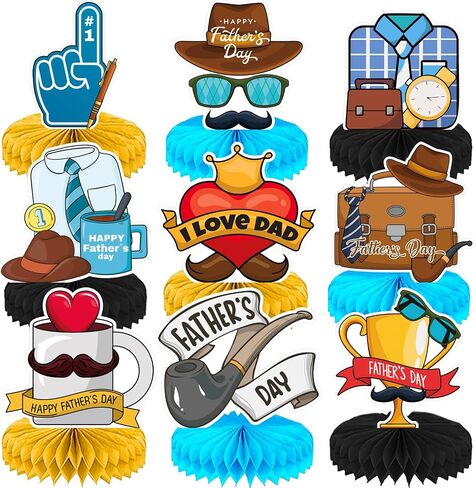 Happy Fathers Day Decorations, 9 Pack, Table Centerpieces for Fathers Day Decor, Double Sided Printing Honeycomb Centerpiece, Fathers Day Party Supplies in Saudi Arabia
