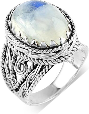 Natural Rainbow Moonstone Ring, Oxidized 925 Sterling Silver, Handmade, Healing Crystals, Birthstone, Bohemian Jewelry | Promise Victorian Wedding Ring | Christmas Gift (US - 7) in Saudi Arabia