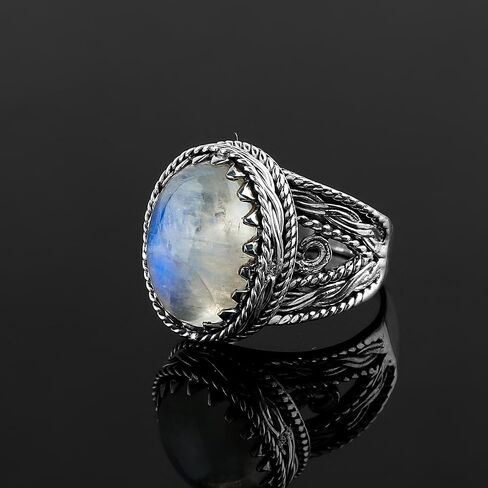 Natural Rainbow Moonstone Ring, Oxidized 925 Sterling Silver, Handmade, Healing Crystals, Birthstone, Bohemian Jewelry | Promise Victorian Wedding Ring | Christmas Gift (US - 7) in Saudi Arabia