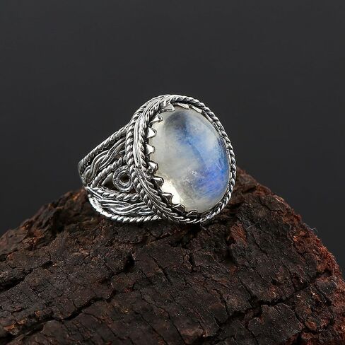 Natural Rainbow Moonstone Ring, Oxidized 925 Sterling Silver, Handmade, Healing Crystals, Birthstone, Bohemian Jewelry | Promise Victorian Wedding Ring | Christmas Gift (US - 7) in Saudi Arabia