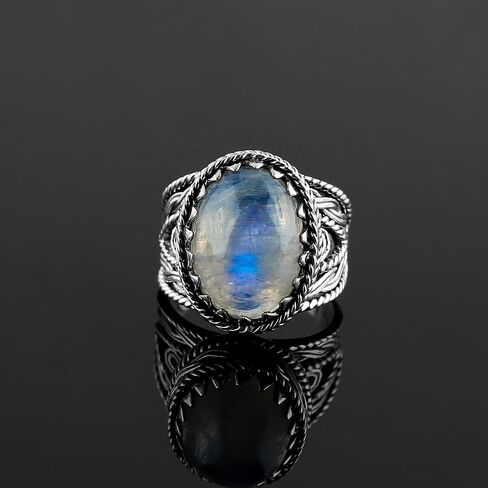 Natural Rainbow Moonstone Ring, Oxidized 925 Sterling Silver, Handmade, Healing Crystals, Birthstone, Bohemian Jewelry | Promise Victorian Wedding Ring | Christmas Gift (US - 7) in Saudi Arabia