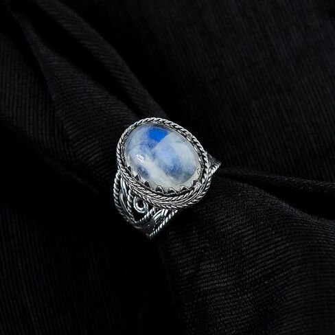 Natural Rainbow Moonstone Ring, Oxidized 925 Sterling Silver, Handmade, Healing Crystals, Birthstone, Bohemian Jewelry | Promise Victorian Wedding Ring | Christmas Gift (US - 7) in Saudi Arabia