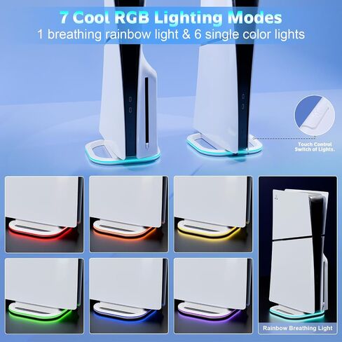 HONCAM Vertical Stand for PlayStation 5, PS5 Pro & Slim Console, Black | Features 7-Color RGB Lights with Control Button, Non-Slip Base, Tool-Free Installation in Saudi Arabia