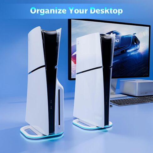 HONCAM Vertical Stand for PlayStation 5, PS5 Pro & Slim Console, Black | Features 7-Color RGB Lights with Control Button, Non-Slip Base, Tool-Free Installation in Saudi Arabia