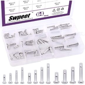 Swpeet 64Pcs 304 Stainless Steel M3 M4 M5 12 Type Clevis Pin Assortment Kit, Flat Head Pin with Hole Location Pin T-Shape Round Pin with Plastic Box