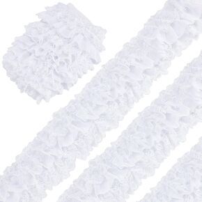GORGECRAFT White 3-Layer Pleated Chiffon Lace Trim 4 Inch Width Ruffled Satin Organza Lace Fabric Frills Wide Mesh Tulle Woven Ruffle Fringe for Sewing Clothing Curtain Wedding Decor Dress Crafts DIY