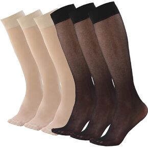 6 Pairs Women's Sheer Knee High Stockings 20D Thin Nylon Sheer Socks with Reinforced Toes Nude Black One Size