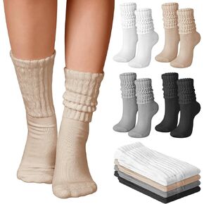 4 Pairs Unisex Slouch Socks Cotton Stacked Crew Socks Solid Color Casual Tube Sock Ribbed Workout Sock for Men Women, White Beige Black Gray in Kuwait