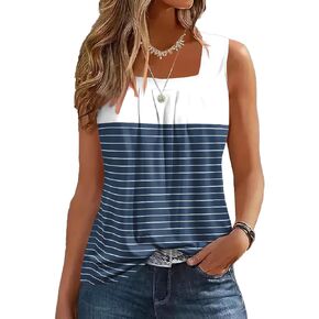 Color Block Ruffled Square Neck Tank Top Women Striped Summer Tops Casual Loose Fit Sleeveless Shirts