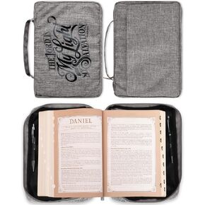 Christian Art Gifts Poly-Canvas Bible Cover for Men & Women: The Lord is My Light - Psalm 27:1 Inspirational Bible Verse w/Secured Zippered Pocket & Pen Storage for Books & Supplies, Gray, Medium