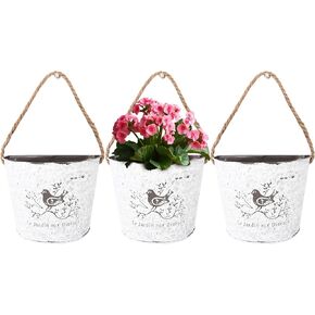 Window Garden Galvanized Flower Buckets - White Galvanized Wall Decor - Metal Indoor and Outdoor Home Decor Accessory - Hanging Metal Planter - Rustic Farmhouse Style - 5.5x6.6x4.3 Inches