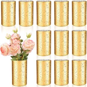 Sunnyray 12 Pieces Bling Glass Vase for Flower Wedding Table Centerpieces Speckled Gold Vases Flowers Vase Votive Candle Holders for Wedding Centerpieces Party Supply Holiday Day (6 x 3.5 Inch)