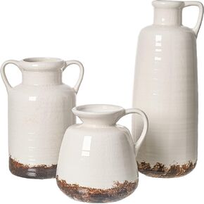 TERESA'S COLLECTIONS Rustic Ceramic Vase for Home Decor, Tall White Farmhouse Pottery Vases for Mantel, Set of 3 Large Jug Decorative Vases for Living Room, Shelf, Ideal Gifts for Fathers Day, 10" in Kuwait