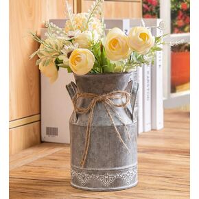 Vintage Galvanized Milk Can, Farmhouse Decorative Flower Pitcher Vase, Rustic French Country Metal Jug for Flowers,7.2'' H