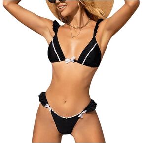 Women's Bow Front Bikini Set Tie Backless Ruffle Trim Swimsuit 2 Piece Bathing Suit Beachwear