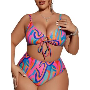 SOLY HUX Women's Plus Size Swimsuit Printed Tie Front 2 Piece Bikini Summer High Waist Bathing Suits