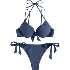 MakeMeChic Women's Two Piece Halter Bathing Suit Push Up High Cut Swimsuit Bikini Sets