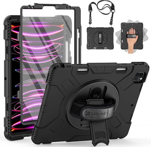 حافظة لجهاز iPad Pro 12.9 بوصة 2022/2021 (الجيل السادس الخامس): حافظة حماية لكامل الجسم من الدرجة العسكرية لجهاز iPad Pro 12.9 الجيل السادس/الخامس - حامل دوار - حزام اليد/الكتف، أسود in Kuwait