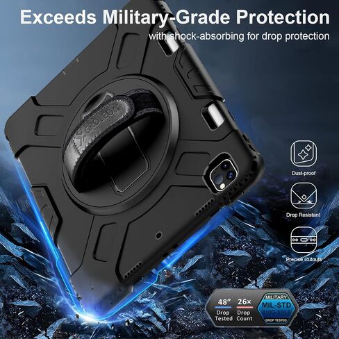 for iPad Pro 12.9 Inch Case 2022/2021 (6th 5th Generation): Military Grade Full-Body Protective Cover Case for iPad Pro 12.9 6th/5th Gen - Rotating Stand - Hand/Shoulder Strap, Black in Saudi Arabia