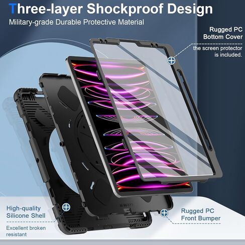 for iPad Pro 12.9 Inch Case 2022/2021 (6th 5th Generation): Military Grade Full-Body Protective Cover Case for iPad Pro 12.9 6th/5th Gen - Rotating Stand - Hand/Shoulder Strap, Black in Saudi Arabia
