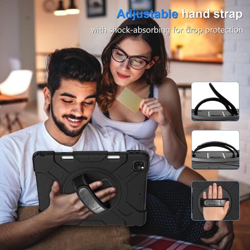حافظة لجهاز iPad Pro 12.9 بوصة 2022/2021 (الجيل السادس الخامس): حافظة حماية لكامل الجسم من الدرجة العسكرية لجهاز iPad Pro 12.9 الجيل السادس/الخامس - حامل دوار - حزام اليد/الكتف، أسود in Kuwait