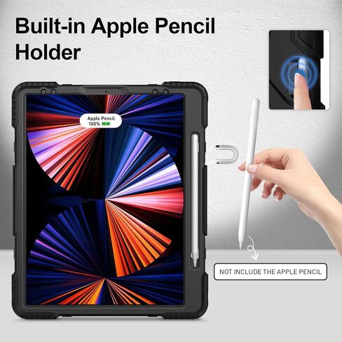 for iPad Pro 12.9 Inch Case 2022/2021 (6th 5th Generation): Military Grade Full-Body Protective Cover Case for iPad Pro 12.9 6th/5th Gen - Rotating Stand - Hand/Shoulder Strap, Black in Saudi Arabia