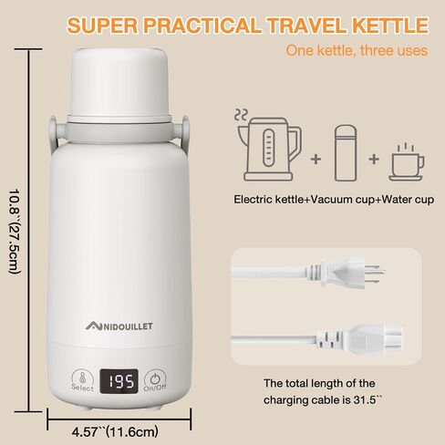 Nidouillet Travel Electric Kettle Portable Large Capacity 1L Tea Coffee Kettle Water Boiler, Water Heater with 4 Temperature Control,304 Stainless Steel with Auto Shut-Off & Boil Dry Protection in Saudi Arabia