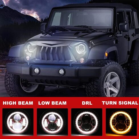 مصباح أمامي LED مقاس 7 بوصات من UNI-SHINE مكون من قطعتين مصباح أمامي LED دائري عالي ومنخفض الشعاع ومعتمد من DOT H6024 متوافق مع Wrangler JK LJ TJ CJ in Kuwait
