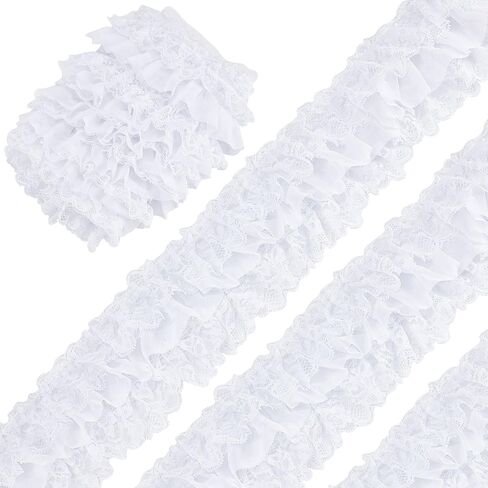 GORGECRAFT White 3-Layer Pleated Chiffon Lace Trim 4 Inch Width Ruffled Satin Organza Lace Fabric Frills Wide Mesh Tulle Woven Ruffle Fringe for Sewing Clothing Curtain Wedding Decor Dress Crafts DIY in Saudi Arabia