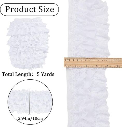 GORGECRAFT White 3-Layer Pleated Chiffon Lace Trim 4 Inch Width Ruffled Satin Organza Lace Fabric Frills Wide Mesh Tulle Woven Ruffle Fringe for Sewing Clothing Curtain Wedding Decor Dress Crafts DIY in Saudi Arabia