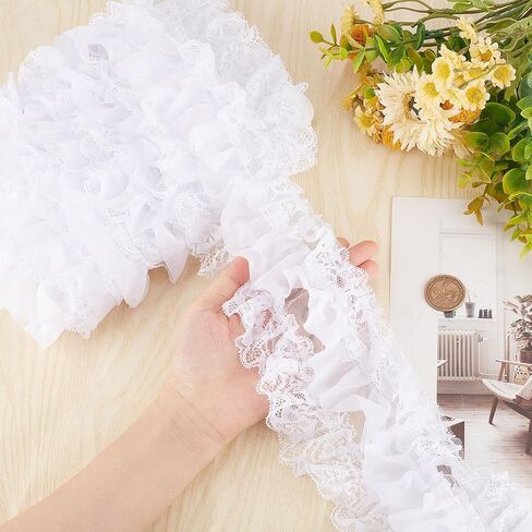 GORGECRAFT White 3-Layer Pleated Chiffon Lace Trim 4 Inch Width Ruffled Satin Organza Lace Fabric Frills Wide Mesh Tulle Woven Ruffle Fringe for Sewing Clothing Curtain Wedding Decor Dress Crafts DIY in Saudi Arabia
