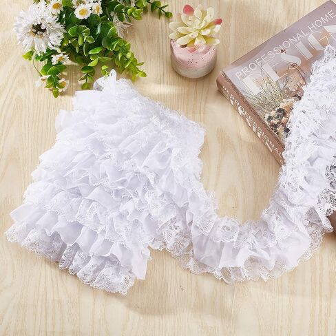 GORGECRAFT White 3-Layer Pleated Chiffon Lace Trim 4 Inch Width Ruffled Satin Organza Lace Fabric Frills Wide Mesh Tulle Woven Ruffle Fringe for Sewing Clothing Curtain Wedding Decor Dress Crafts DIY in Saudi Arabia