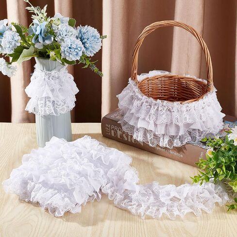 GORGECRAFT White 3-Layer Pleated Chiffon Lace Trim 4 Inch Width Ruffled Satin Organza Lace Fabric Frills Wide Mesh Tulle Woven Ruffle Fringe for Sewing Clothing Curtain Wedding Decor Dress Crafts DIY in Saudi Arabia
