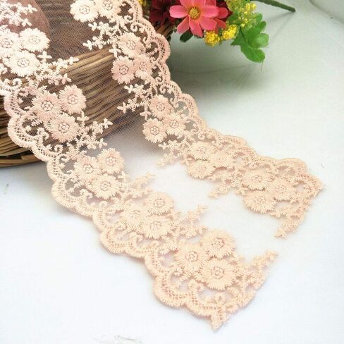 2 yards DIY Lace Trim Floral fabric Table Cloth Crafts Scallop trim Bridal/wedding dress flower embroidered applique clothing curtains 11cm wide (peach pink) in Kuwait