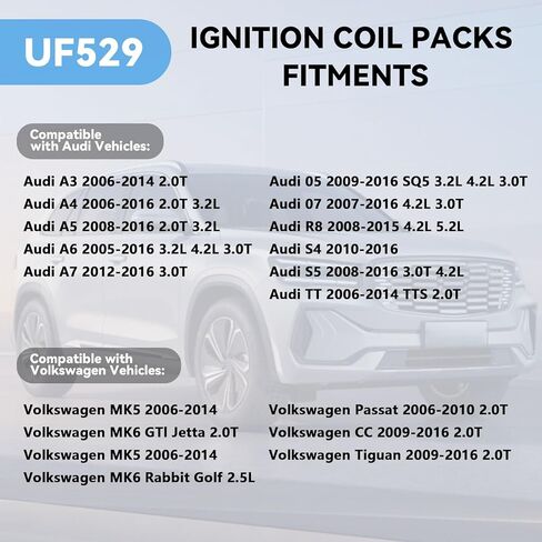 حزمة ملف الإشعال UF529، شمعات الإشعال 4644 متوافقة مع 2005-2016 Audi A3 A4 A5 A6 Q5 MK5 MK6 GTI Jetta R8 A7 A8 Q7 S4 Volkswagen VW CC لاستبدال 06E905115E 06E905115F، مجموعة من 4 in Kuwait