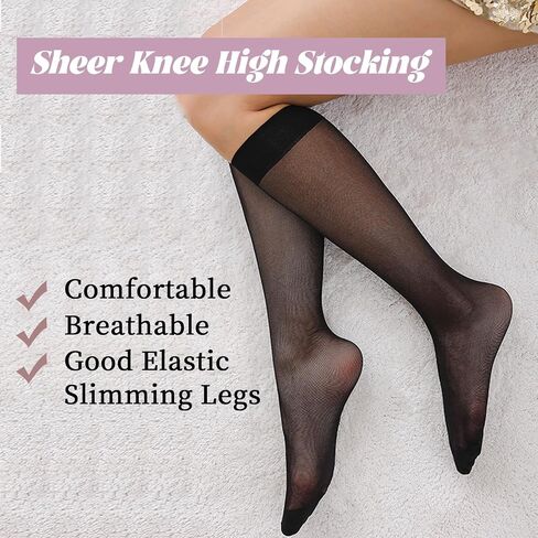 6 Pairs Women's Sheer Knee High Stockings 20D Thin Nylon Sheer Socks with Reinforced Toes Nude Black One Size in Saudi Arabia