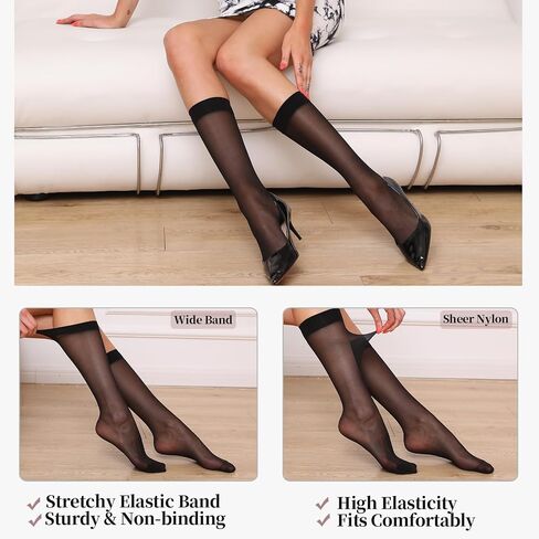 6 Pairs Women's Sheer Knee High Stockings 20D Thin Nylon Sheer Socks with Reinforced Toes Nude Black One Size in Saudi Arabia