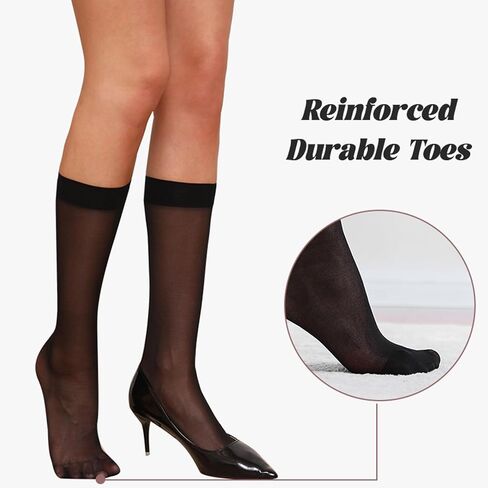 6 Pairs Women's Sheer Knee High Stockings 20D Thin Nylon Sheer Socks with Reinforced Toes Nude Black One Size in Saudi Arabia